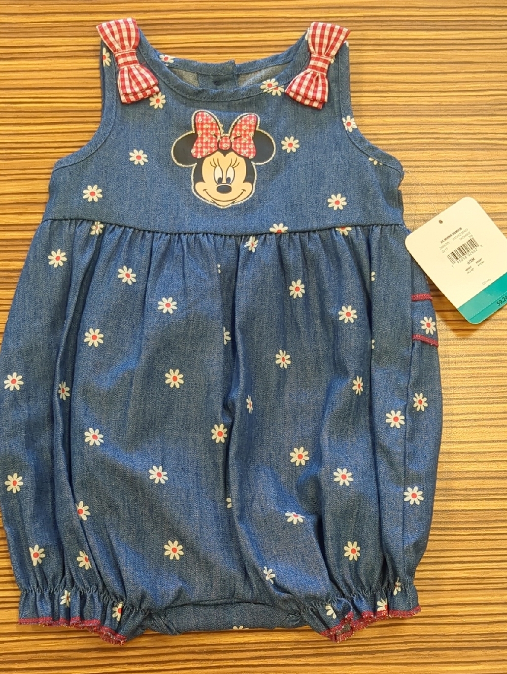 Disney Blue Denim Minnie Mouse Bubble One-Piece with Red Gingham Bows